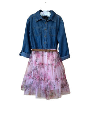 Pink & Violet dress with denim shirt and floral print tulle skirt girls size 8